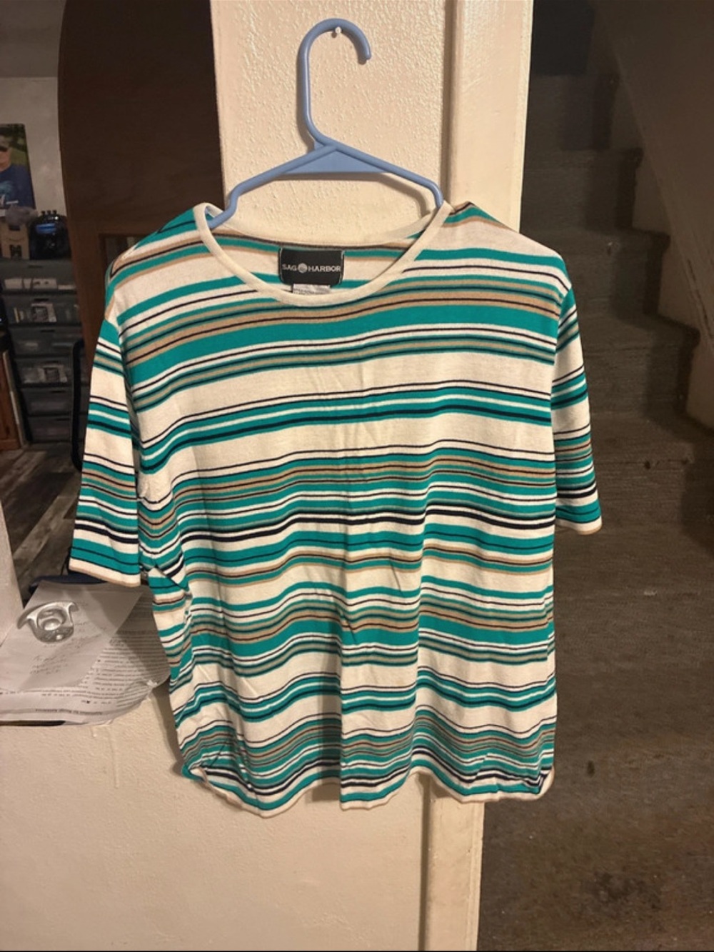 Sag Harbor Teal, White & Black Striped Short Sleeve Top